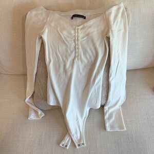 Free People Cream Button-Front Bodysuit